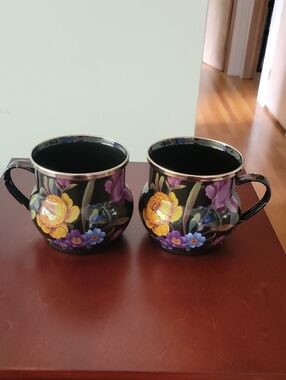 MacKenzie Childs Flower Market Enamel Mugs Black Set Of 2